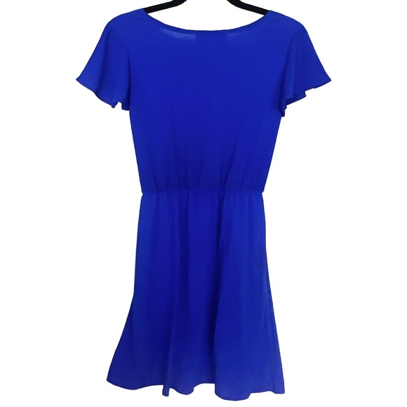 EUC Royal Blue Faux Wrap Dress | Wishful Sash Bow Flutter Sleeve V-Neck Cobalt - Picture 2 of 4